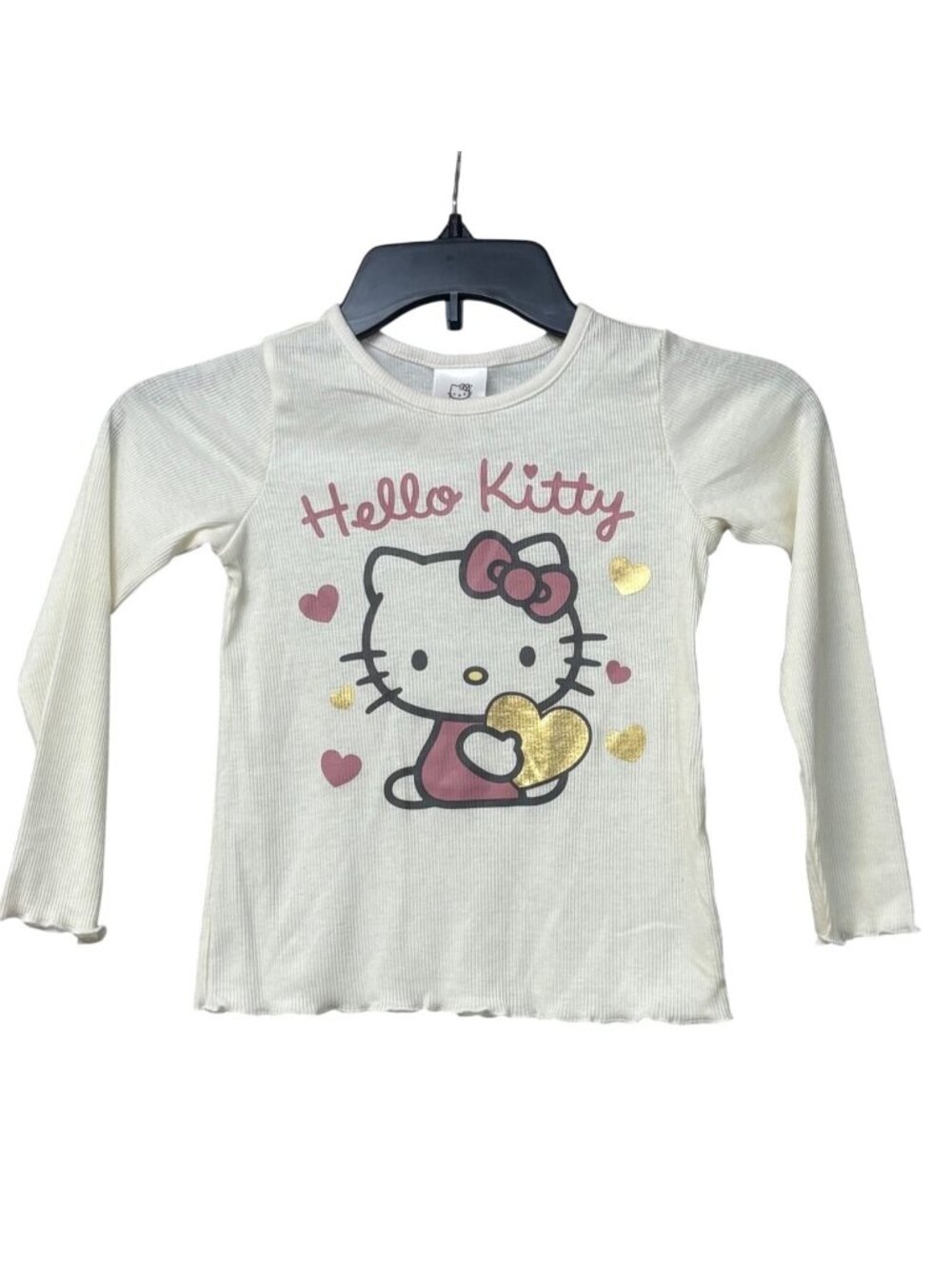 Hello Kitty Girls Long Sleeve White Ribbed Shirt With Gold & Pink Hearts, Sz. 5
